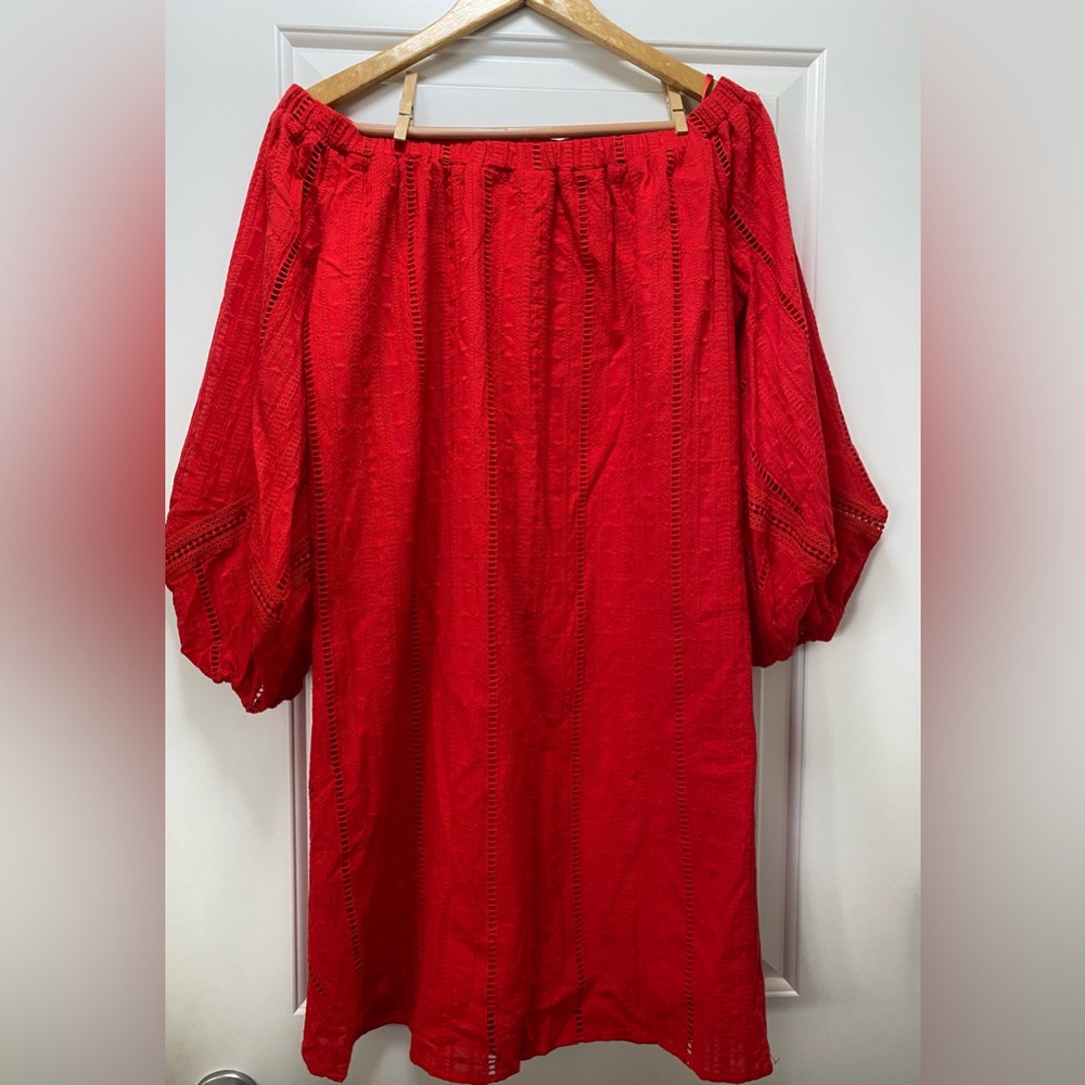 3/ $20 New York & Co Off-Shoulder Chevron Crochet Accent Red Summer Dress S - Picture 2 of 3